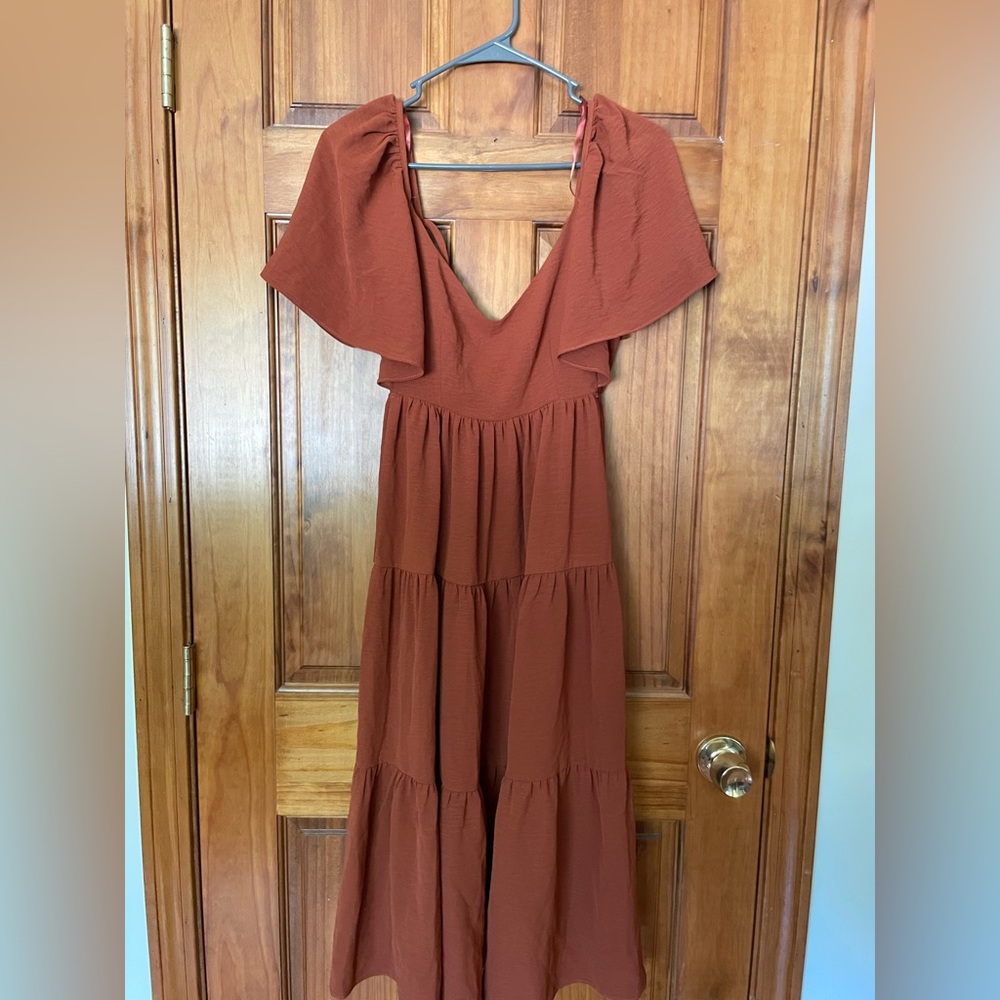 Rust Tiered Maxi Dress with Flutter Sleeves